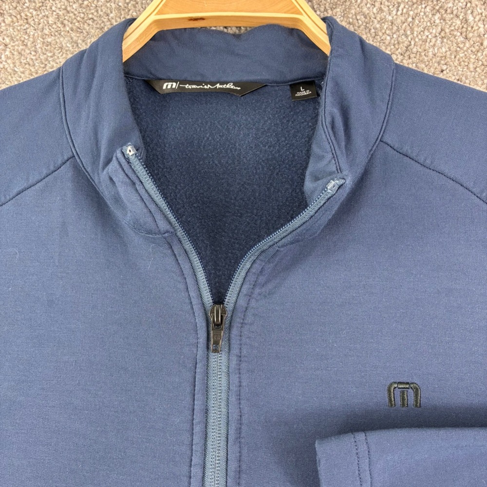 TravisMathew Blue Wanderlust 1/4 Zip Pullover Mens L Kangroo Pocket Stretch Golf